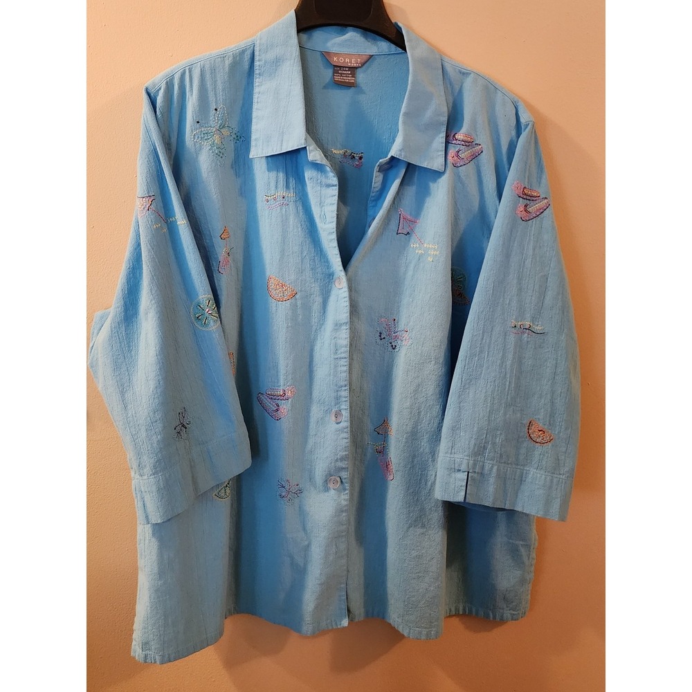 Koret Woman 24W Blue Embroidered Cotton Shirt Art to Wear Novelty Plus Size